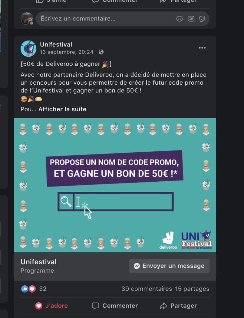Post Facebook de l'Unifestival : propose un nom de code promo Deliveroo et gagne un bon de 50 €
