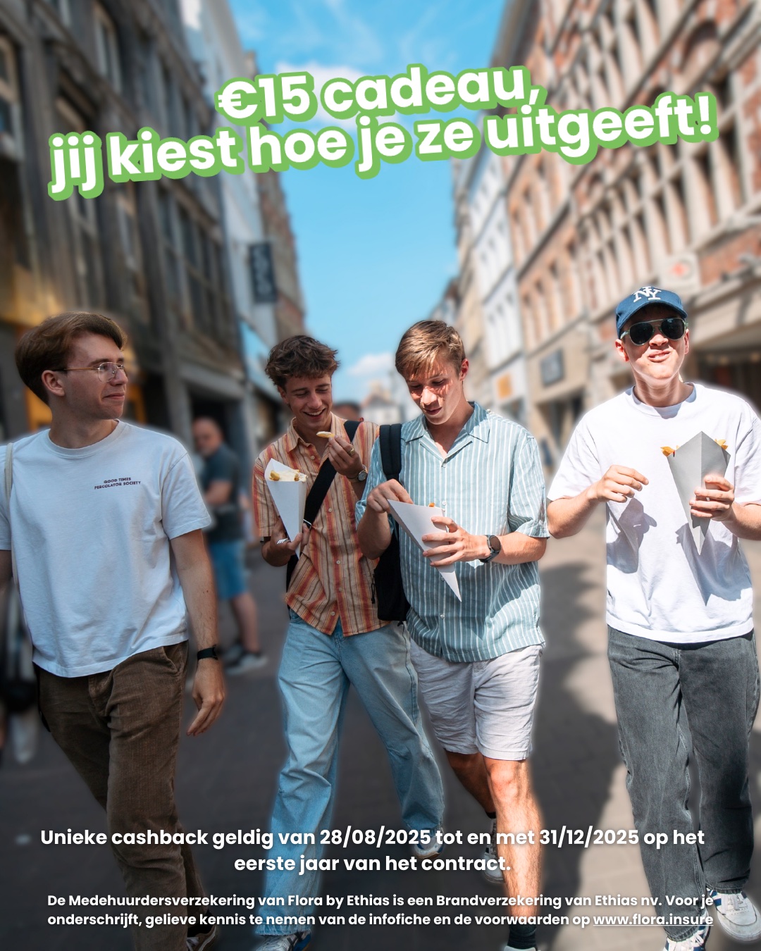 Flora — €15 cadeau, jij kiest hoe je ze uitgeeft! Étudiants avec des frites dans la rue